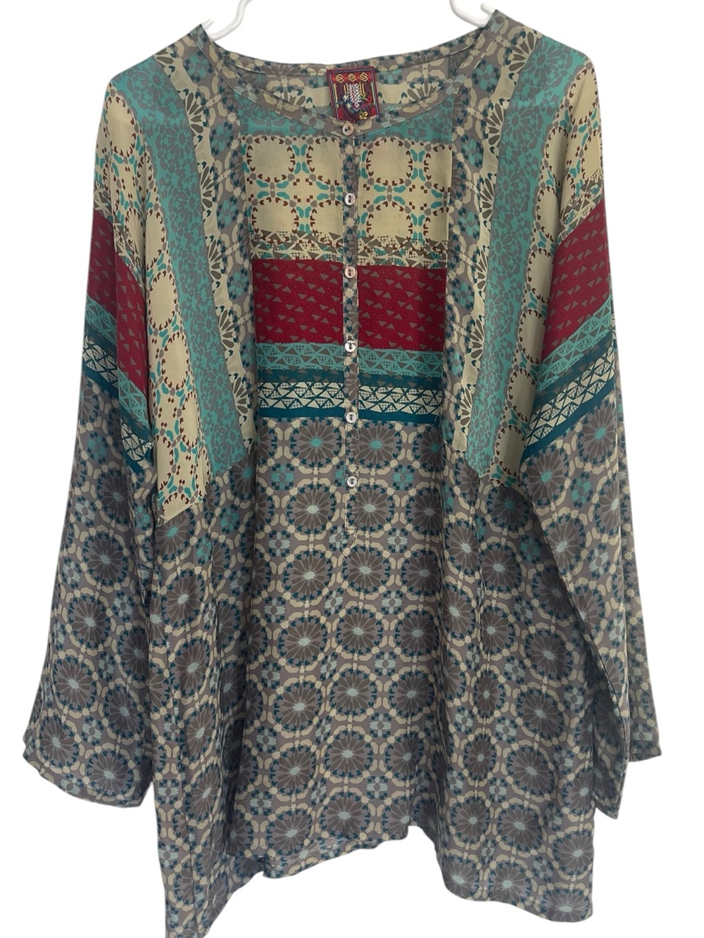Johnny Was Multicolor Patchwork Button-Up Tunic - Teal, Burgundy, Cream, Gray